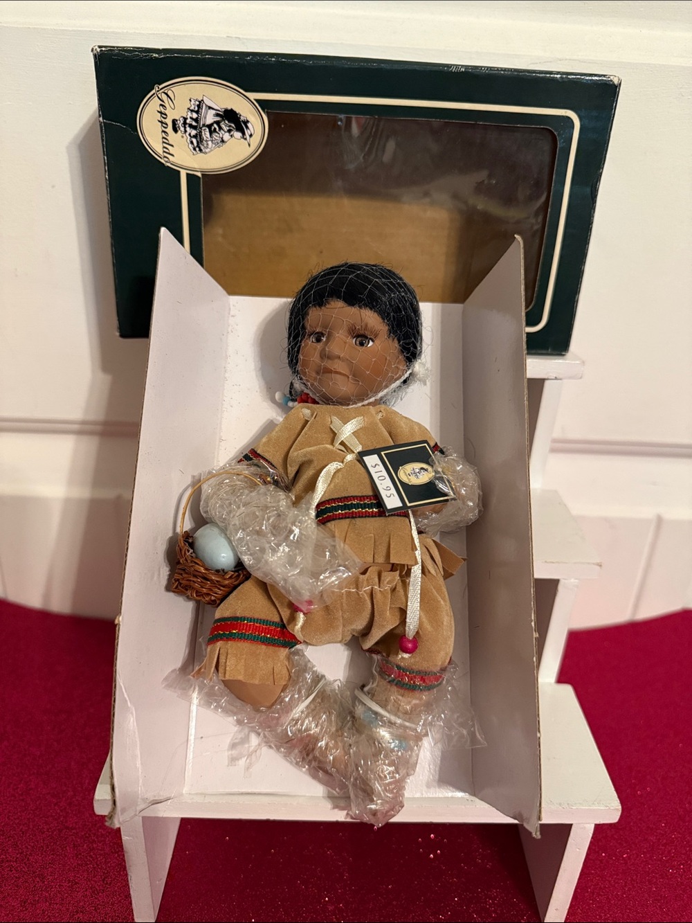 Porcelain Doll in Tan Fringed Outfit with Basket